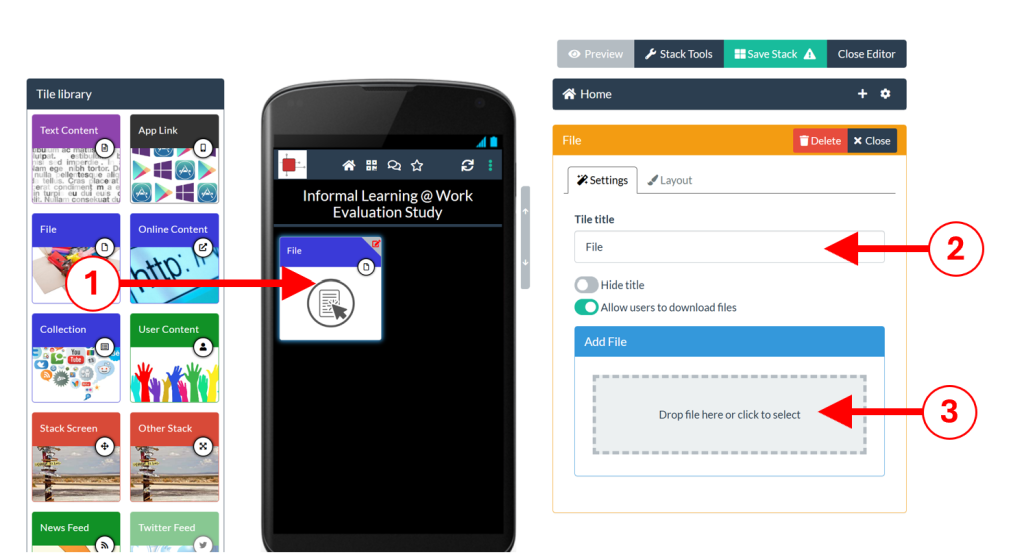 Screenshot showing (1) The File Tile (2) the space where you edit the Tile's Title bar in the Settings and (3) the space in the Settings where you click to Add the PowerPoint file.