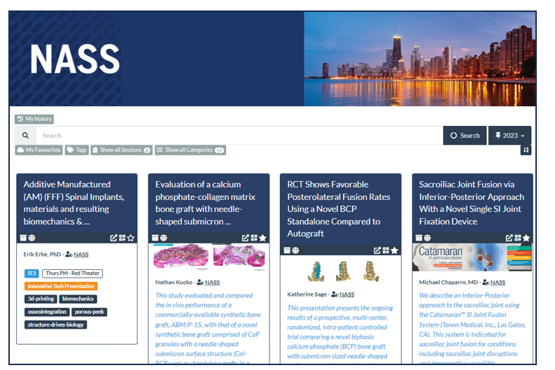 Image showing the NASS ePoster showcase with the summary views of 4 ePosters, a search bar and the NASS banner heading