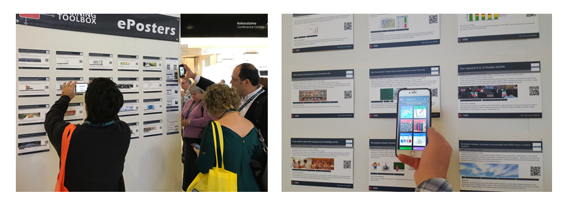 Images of delegates exploring ePostrs at a mini-poster wall at a previous AMEE conference. 