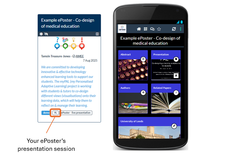 Screenshot showing the summary and mobile view of an ePoster stack. In the summary box the white session tag is highlighted. It shows the session that this ePoster will be presented in. 