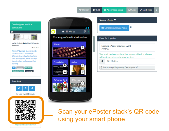 Screenshot showing the location of a stack's sharing information including its QR code