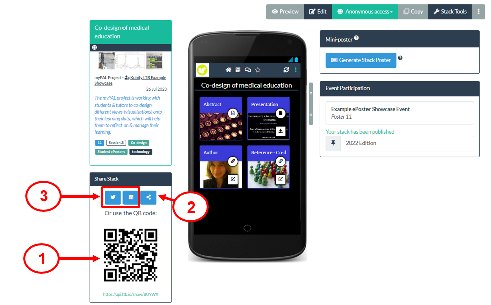 Screenshot showing location of the QR code, copy weblink button and share to Twitter and LinkedIn buttons. 
