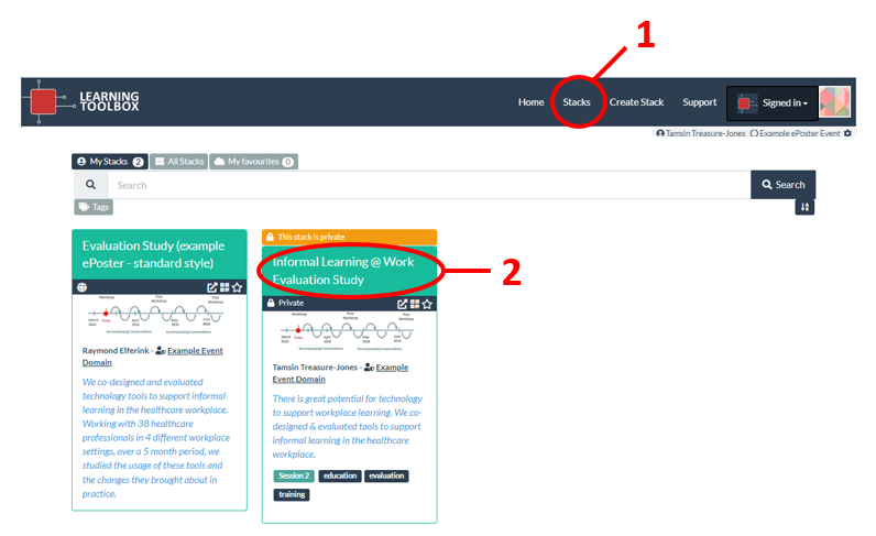 Screenshot showing how to find your stack