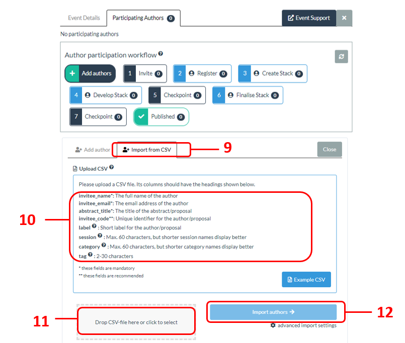 Screenshot showing where you add authors using a CSV file 