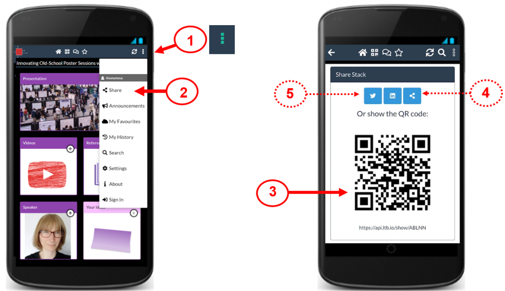 Screenshot showing the mobile phone interface with the sharing menu and options