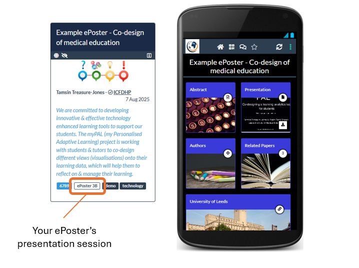 Screenshot showing the summary and mobile view of an ePoster stack. In the summary box the white session tag is highlighted. It shows the session that this ePoster will be presented in. 