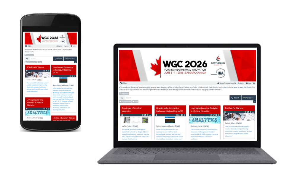 Image showing how the WGC ePoster showcase will appear on a mobile phone and a laptop. 