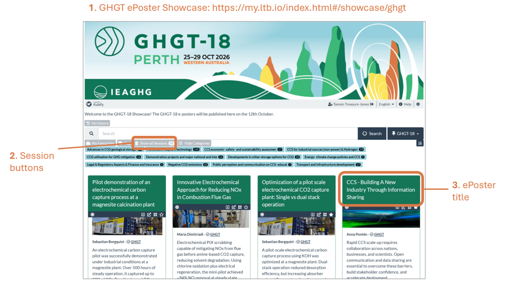 Image showing the showcase and the location of the session buttons (under the search bar). Also showing that the e-poster title appears at the top of the e-poster.