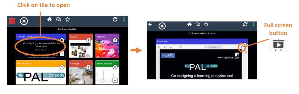 Image showing that you click anywhere on a tile to open it. Also showing that in the PDF viewer the full screen button appears in the top right corner.