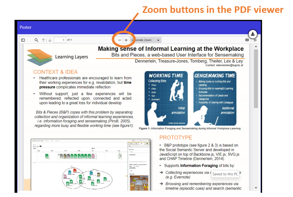 Image showing where the Zoom out and in buttons (- and +) appear in the PDF viewer. They are in the centre of the top menu bar.