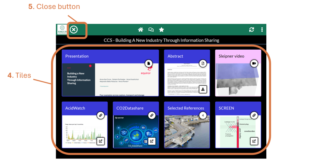 Screenshot showing an e-poster open with 7 tiles showing. Also showing that the X button (to close the view of the e-poster) is located in the top left of the screen (to the right of the GHGT logo).